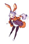  1girl animal_ears disgaea disgaea_rpg fake_animal_ears full_body grin holding_spork leotard light_purple_hair long_hair long_sleeves majorita_(disgaea) non-web_source official_art pantyhose pink_eyes playboy_bunny purple_pantyhose rabbit_ears sleeves_past_wrists smile solo spork transparent_background twintails white_footwear white_leotard 