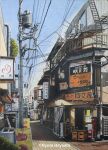  artist_name blue_sky building city cityscape colored_pencil_(medium) copyright day hayashi_ryouta no_humans outdoors power_lines road road_sign scenery shopping_district shouwa sign sky street traditional_media translation_request utility_pole 