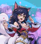  1girl :d ahri_(league_of_legends) animal_ears bare_shoulders black_hair braid breasts cleavage facial_mark fang finger_heart fox_ears fox_tail green_background hands_up korean_clothes kumiho large_breasts league_of_legends long_hair looking_at_viewer multicolored_background multiple_tails open_mouth petals phantom_ix_row shiny_skin slit_pupils smile solo tail whisker_markings yellow_eyes 