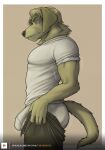  2023 absurd_res anthro belt biped bodily_fluids bottomwear bulge butt canid canine canis clothed clothing dana_(vulprofox) digital_media_(artwork) domestic_dog eyebrows fully_clothed fur green_body green_fur green_hair hair hi_res male mammal meme pants patreon shirt solo standing sweat teeth text tight_pants_(meme) topwear underwear url vulprofox 