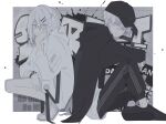  1boy 1girl black_headwear black_jacket bracelet full_body graffiti grey_hair hair_ornament hat headphones highres jacket jewelry male_focus medium_hair midou_0r original pale_skin partially_colored short_hair sitting sweater white_hair 