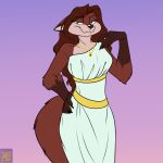  anthro brown_body brown_fur brown_hair canid canine clothed clothing diana_artemis female fox foxenawolf fur gloves_(marking) gradient_background hair jewelry mammal markings necklace robe simple_background solo 