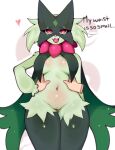  ambiguous_gender anthro belly_grab breasts dialogue duo felid female fredek666 front_view fur generation_9_pokemon genitals green_body green_fur hand_on_hip hi_res human human_on_anthro humanoid_hands interspecies mammal mask meowscarada nintendo open_mouth pokemon pokemon_(species) pussy red_eyes solo_focus standing wide_hips 