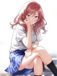  1girl blush borgbutler closed_mouth commentary_request crossed_legs hand_on_own_face hand_on_own_thigh highres light_frown looking_at_viewer love_live! love_live!_school_idol_project medium_hair nishikino_maki otonokizaka_school_uniform panties pantyshot plaid plaid_skirt purple_eyes red_hair school_uniform shirt short_sleeves sitting skirt solo striped summer_uniform tsundere underwear white_panties white_shirt 