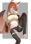  1girl absurdres animal_ear_fluff animal_ears arknights arm_support black_pantyhose border breasts brown_eyes brown_hair cropped_jacket cropped_shirt fang feet foot_out_of_frame fox_ears fox_girl fox_tail franka_(arknights) franka_(rainforest_me_rainbow)_(arknights) grey_background hair_between_eyes hand_up highres invisible_chair jacket knee_up lahz52 large_breasts layered_sleeves leaning_back legs long_hair looking_at_viewer midriff navel no_shoes official_alternate_costume open_clothes open_jacket open_mouth outside_border pantyhose revision shirt simple_background sitting skin_fang solo stirrup_legwear tail thighs toeless_legwear toes very_long_hair white_border yellow_jacket yellow_shirt 