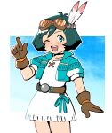  1girl aero_(mega_man) aero_(suetsugu_haruki) belt blue_eyes brown_gloves choker dress feathers gloves goggles goggles_on_head green_hair highres jacket looking_at_viewer mega_man_(series) mega_man_legends mega_man_legends_3 one_eye_closed open_mouth short_hair skirt smile solo yume_yoroi 