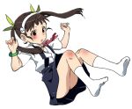  1girl :o ass bandaid bandaid_on_knee bandaid_on_leg blue_skirt blush bolo_tie bow brown_hair child collared_shirt dress_shirt female_child flat_chest full_body green_bow green_bracelet hachikuji_mayoi hair_bow hairband hands_up itoma_mahimahi long_hair looking_down midair monogatari_(series) necktie no_panties no_shoes open_mouth red_eyes red_necktie shirt shirt_tucked_in short_bangs short_sleeves sidelocks simple_background skirt socks solo straight_hair suspender_skirt suspenders twintails white_background white_hairband white_shirt white_socks 