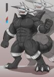  abs aggron anthro armor biceps big_biceps biped black_body black_skin blue_sclera claws featureless_crotch generation_3_pokemon head_plate hi_res horn jaws male muscular muscular_anthro muscular_legs muscular_male muscular_thighs nintendo open_mouth pecs plate_armor pokemon pokemon_(species) pose serratus sharp_claws solo spikes spikes_(anatomy) steel valentinesartx 