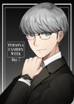  1boy black-framed_eyewear black_background black_suit clenched_hand closed_mouth collared_shirt commentary copyright_name english_commentary english_text eyebrows_hidden_by_hair formal glasses grey_eyes grey_hair hand_up highres kuki_tan lips looking_at_viewer narukami_yuu nose persona persona_4 semi-rimless_eyewear shirt short_hair simple_background smile solo suit swept_bangs upper_body watch white_shirt wristwatch 