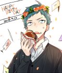  1boy aqua_eyes aqua_hair black_cardigan burger buttons cardigan collared_shirt commentary_request dated fingernails flower food hagiwara_daisuke hair_flower hair_ornament hand_up happy_birthday holding holding_food hori-san_to_miyamura-kun leaf long_sleeves looking_up male_focus open_clothes open_collar shirt short_bangs short_hair solo tanihara_makio teeth upper_body upper_teeth_only 