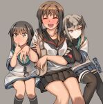  3girls abyssal_ship artist_logo artist_name black_hair black_sailor_collar black_skirt black_socks black_thighhighs blue_skirt blush brown_eyes brown_hair closed_eyes closed_mouth ergot fubuki_(kancolle) fubuki_kai_ni_(kancolle) green_sailor_collar grey_background grey_hair horns jewelry kantai_collection kneehighs lycoris_fubuki multiple_girls open_mouth pleated_skirt red_eyes ring sailor_collar school_uniform serafuku short_hair short_ponytail short_sleeves simple_background skirt smile socks thighhighs wedding_ring 