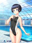  1girl black_hair black_one-piece_swimsuit blue_eyes breasts commentary_request covered_navel cowboy_shot hand_on_own_chest highleg highleg_swimsuit indoors kuri_(kurigohan) one-piece_swimsuit original pool short_hair small_breasts smile solo swimsuit two-tone_swimsuit 