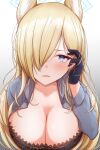  1girl animal_ears black_bra black_gloves blonde_hair blue_archive blue_eyes blue_halo blush bra breasts commentary gloves halo highres kanna_(blue_archive) kyana_(5024777) large_breasts looking_at_viewer shirt solo teeth underwear upper_body white_background 