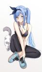  1girl arms_between_legs bare_shoulders black_pants blue_eyes blue_footwear blue_hair blush breasts cat cleavage collarbone commentary full_body gradient_eyes hairband highres kaetzchen knee_up long_hair looking_at_viewer medium_breasts minah_(chaesu) multicolored_eyes original pants ponytail shadow shoes shy signature simple_background sitting sneakers solo sports_bra sportswear symbol-only_commentary white_background white_cat yellow_eyes 