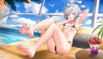  1girl absurdres bikini bird blue_archive breasts cloud grey_eyes grey_hair halo highres himari_(blue_archive) leaf lying mattress on_back otakueden1995 parfait pillow pointy_ears pool sky small_breasts solo swimsuit window 