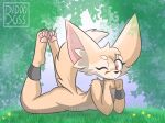  2023 absurd_res amber_eyes anthro biddoboss big_ears bokeh canid canine claws detailed detailed_background female fennec fluffy fluffy_tail fox fur grass head_tuft hi_res inner_ear_fluff kieta_(biddoboss) leaf legs_up looking_at_viewer lying lying_on_ground mammal nude on_front one_eye_closed pawpads paws plant shaded signature solo solo_focus tail tan_body tan_fur toe_claws tuft wink winking_at_viewer 