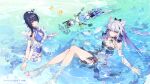  3girls :3 :o afloat animal_ear_fluff animal_ears bare_legs bare_shoulders black_ribbon braid breasts bronya_zaychik bronya_zaychik_(herrscher_of_truth) cat_ears chinese_commentary cleavage closed_mouth fish gloves grey_hair hair_between_eyes highres honkai_(series) honkai_impact_3rd in_water kiana_kaslana kiana_kaslana_(herrscher_of_finality) large_breasts logo long_hair looking_at_viewer multicolored_hair multiple_girls navel ocean official_alternate_costume official_art official_wallpaper open_hands parted_lips raiden_mei raiden_mei_(herrscher_of_origin) ribbon rubber_duck smile snorkel standing star-shaped_pupils star_(symbol) streaked_hair symbol-shaped_pupils thigh_strap water white_footwear 