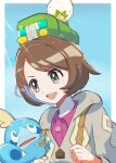  1girl absurdres blue_eyes bob_cut brown_eyes brown_hair cable_knit charjabug clenched_hands determined doseki89 dress eldegoss gloria_(pokemon) highres holding_strap hooded_cardigan light_rays on_head open_mouth outdoors pink_dress pokemon pokemon_(creature) pokemon_(game) pokemon_on_head pokemon_swsh short_hair sobble v-shaped_eyebrows 