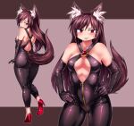  1girl alternate_costume animal_ear_fluff animal_ears ass back black_gloves black_overalls blush breasts brown_background brown_hair commentary_request commission contrapposto cowboy_shot elbow_gloves full_body gloves hair_between_eyes hands_on_own_hips high_heels imaizumi_kagerou long_hair looking_at_viewer looking_back medium_bangs medium_breasts multicolored_hair multiple_views open_mouth outline overalls red_eyes red_footwear shimizu_pem shiny_skin skeb_commission smile standing tail touhou two-tone_hair v-shaped_eyebrows white_outline wolf_ears wolf_girl wolf_tail zipper 