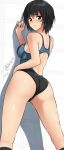  1girl amagami ass black_hair black_one-piece_swimsuit black_socks breasts brown_eyes competition_swimsuit feet_out_of_frame from_behind highres looking_at_viewer looking_back medium_breasts nanasaki_ai one-piece_swimsuit short_hair signature socks solo swimsuit twitter_username two-tone_swimsuit yoo_tenchi 