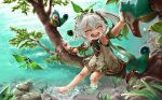  :d bare_legs barefoot cape closed_eyes crystalfly_(genshin_impact) dress female_child forest genshin_impact gradient_hair green_cape green_sleeves hair_ornament highres in_tree kidakash lake leaf_hair_ornament legs_apart multicolored_hair nahida_(genshin_impact) nature petting pointy_ears self-upload side_ponytail sitting sitting_in_tree smile tree white_dress white_hair 