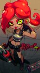  1girl absurdres arm_up armor belt bike_shorts black_footwear black_gloves black_shirt black_shorts boots breastplate copyright_name fangs fingerless_gloves foreshortening full_body gloves green_eyes hand_on_own_face highres long_hair looking_at_viewer midriff navel octoling octoling_girl open_mouth otoboke-san red_hair shirt shorts sleeveless sleeveless_shirt solo splatoon_(series) standing suction_cups takozonesu tentacle_hair thighs tongue tongue_out weapon 