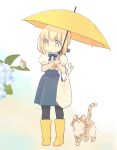  1girl 87banana :3 artoria_pendragon_(fate) bag black_pantyhose blue_skirt boots cat closed_mouth commentary_request fate/stay_night fate_(series) full_body green_eyes holding holding_bag holding_umbrella pantyhose puffy_short_sleeves puffy_sleeves saber short_sleeves skirt smile snail spring_onion standing umbrella white_background yellow_footwear yellow_umbrella 