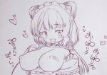  1girl :d animal_ears blush breasts choker collarbone commentary_request highres inui_toko large_breasts long_hair looking_at_viewer maid_headdress monochrome nijisanji nipples open_mouth simple_background smile solo traditional_media tsukareta_san virtual_youtuber 