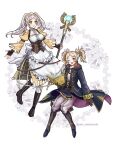  2girls ;d apron blonde_hair blue_eyes book boots brown_gloves coat cosplay costume_switch fingerless_gloves fire_emblem fire_emblem_awakening full_body gloves headdress highres holding holding_book holding_staff juliet_sleeves lissa_(fire_emblem) lissa_(fire_emblem)_(cosplay) long_sleeves multiple_girls one_eye_closed open_mouth puffy_sleeves rein_creamsoda robin_(female)_(fire_emblem) robin_(female)_(fire_emblem)_(cosplay) robin_(fire_emblem) smile staff twintails twitter_username white_apron white_hair yellow_eyes 