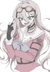  1girl antenna_hair barbed_wire black_choker blonde_hair breasts choker cleavage danganronpa_(series) danganronpa_v3:_killing_harmony fingerless_gloves gloves goggles goggles_on_head hair_between_eyes highres iruma_miu large_breasts long_hair long_sleeves looking_at_viewer open_mouth pink_shirt qing_yue school_uniform shirt smile solo 