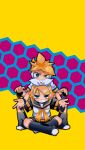  1boy 1girl arms_up behind_another black_leg_warmers black_shorts blonde_hair blue_eyes blush bow brother_and_sister clenched_teeth commentary_request grin hair_bow hair_ornament hairclip half-closed_eyes headphones honeycomb_(pattern) honeycomb_background ikki_(inferiorin) indian_style kagamine_len kagamine_rin looking_at_viewer midriff multicolored_background navel open_hands purple_background scowl shirt shoes short_hair short_sleeves shorts siblings sitting sleeveless sleeveless_shirt smile spiked_hair straight-on sumo swept_bangs teeth uneven_eyes v-shaped_eyebrows vocaloid white_bow white_footwear white_shirt yellow_background yellow_nails 