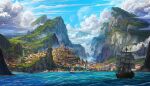  absurdres boat building city cliff cloud cloudy_sky critical_role day english_commentary harbor highres house idrawbagman landscape moon mountain nature no_humans ocean outdoors sail sailboat scenery ship sky statue very_wide_shot watercraft 