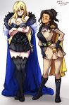  2021 2girls artist_name belt blonde_hair blue_eyes boots breasts brown_hair choker claude_von_riegan commentary crossed_arms dimitri_alexandre_blaiddyd dress earrings english_commentary eyepatch fire_emblem fire_emblem:_three_houses full_body genderswap genderswap_(mtf) green_eyes grey_background hand_on_own_hip highres jewelry knee_boots long_hair medium_breasts medium_hair mina_cream multiple_girls one_eye_closed simple_background standing thigh_boots very_long_hair 