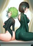  2girls ass ass-to-ass back_cutout black_dress black_hair bob_cut breasts clothing_cutout collared_dress covered_nipples curly_hair curtains dress from_behind from_side fubuki_(one-punch_man) green_dress green_eyes green_hair highleg highleg_dress highres large_breasts looking_back looking_to_the_side multiple_girls one-punch_man short_hair siblings side_slit sisters small_breasts tatsumaki taut_clothes taut_dress thighs tungsten_(kwfr4544) window 