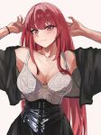  1girl armpits black_corset black_jacket blush bra breasts collarbone corset hands_in_own_hair highres hololive hololive_english jacket large_breasts long_hair looking_at_viewer mori_calliope mr_thecatman open_clothes open_jacket red_eyes red_hair underwear virtual_youtuber white_bra 