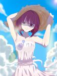  1girl absurdres arima_kana arm_up armpits arms_up bare_shoulders blue_sky bob_cut cloud dress hat highres holding holding_clothes holding_hat inverted_bob lens_flare leo3920759 looking_at_viewer oshi_no_ko red_eyes red_hair short_hair sky smile solo spaghetti_strap straw_hat sun_hat sundress white_dress 