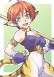  1girl animal_ears breasts breath_of_fire breath_of_fire_ii bustier cat_ears cat_tail cleavage gloves green_eyes kojiroupict looking_at_viewer open_mouth pointy_ears red_hair rinpoo_chuan short_hair smile solo staff tail 