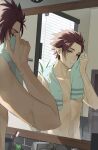  1boy bathroom blue_eyes blue_lock ciao3030 closed_mouth cup hand_up highres indoors itoshi_sae male_focus mirror red_hair reflection short_hair solo toothbrush topless_male towel towel_around_neck upper_body window 