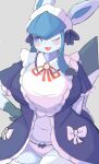  absurd_res anthro anthrofied big_breasts blue_body blush breasts canid clothed clothing eeveelution female fur generation_4_pokemon glaceon hi_res looking_at_viewer maid_uniform mammal nintendo nojaaaaaaaarori panties pokemon pokemon_(species) pokemon_unite pokemorph simple_background solo tea_party_style_glaceon underwear uniform 