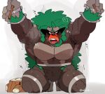  2023 abs ambiguous_gender anthro bdsm blush bodily_fluids bound brown_body brown_fur digital_drawing_(artwork) digital_media_(artwork) drum drumstick_(musical) emanata fur generation_8_pokemon green_hair hair hyaku_(artist) japanese_text kneeling male muscular muscular_male musical_instrument nintendo orange_body pecs percussion_instrument pokemon pokemon_(species) rillaboom signature simple_background solo sweat sweatdrop text translation_request zipties 