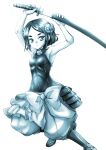  1girl armpits bare_shoulders breasts closed_mouth covered_navel flower hair_flower hair_ornament looking_at_viewer monochrome princess_principal shiromitsu_suzaku short_hair simple_background small_breasts solo sword toudou_chise weapon 