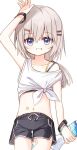  1girl arm_up bare_shoulders black_shorts blue_eyes blush bottle collarbone commentary_request crop_top grey_hair grin hair_between_eyes hair_ornament hairclip highres holding holding_bottle long_hair looking_at_viewer navel original red_girl_(yuuhagi_(amaretto-no-natsu)) short_shorts shorts simple_background smile solo strap_slip tank_top water_bottle white_background white_tank_top yuuhagi_(amaretto-no-natsu) 