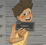  1boy alberto_scorfano animification artist_name barbie_mugshot_(meme) bishounen card child dark-skinned_male dark_skin green_eyes height_chart height_mark holding holding_card holding_sign koinotea luca_(pixar) male_child male_focus meme mugshot open_mouth sign smile solo teeth upper_body upper_teeth_only 