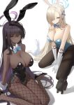  2girls absurdres asuna_(blue_archive) asuna_(bunny)_(blue_archive) black_hair black_leotard black_rabbit_(animal) blue_archive blue_bow blue_bowtie blue_eyes blue_halo blue_leotard blush bow bowtie breasts closed_mouth dark_skin detached_collar elbow_gloves fishnet_pantyhose fishnets gloves grin halo highres karin_(blue_archive) karin_(bunny)_(blue_archive) large_breasts leotard long_hair mole mole_on_breast multiple_girls nogong pantyhose playboy_bunny purple_halo smile very_long_hair white_rabbit_(animal) wrist_cuffs yellow_eyes 