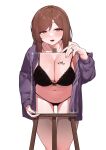  1girl :d black_bra black_panties blush body_writing bra breasts brown_eyes brown_hair canvas_(object) cleavage collarbone commission jacket jewelry large_breasts long_hair long_sleeves looking_at_viewer navel off_shoulder open_clothes open_jacket open_mouth original panties pixiv_commission purple_jacket ring sangobob simple_background single_bare_shoulder smile solo swept_bangs thigh_gap translation_request underwear white_background 