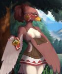  anthro avian beak blush breasts chest_tuft clothing day ear_piercing ear_ring evergreen_tree female hi_res looking_at_viewer nature nature_background nintendo nipples piercing plant presenting red_body removed_clothing ring_piercing rito robe scenery solo spotty.cat the_legend_of_zelda tree tuft undressing 
