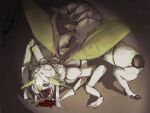  1girl absurdres antennae arthropod_girl black_sclera blood colored_sclera eating extra_arms grape_(grape05843924) green_eyes grey_hair halo highres indie_virtual_youtuber juniper_actias looking_at_viewer monster_girl moth_girl moth_wings multiple_wings sketch solo tail virtual_youtuber wings 