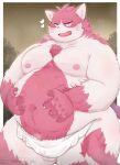  &lt;3 2023 96panda absurd_res anthro balls belly big_belly blush bungo_(tamacolle) domestic_cat felid feline felis fur genitals hi_res humanoid_hands kemono male mammal moobs nipples overweight overweight_male pink_body pink_fur pink_nose plant solo tamacolle towel tree 