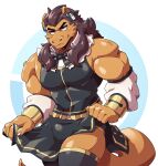  absurd_res annoyed anthro brown_hair bulge canto_(remember_the_flowers) clothed clothing dragon fur hair hi_res humanoid legwear maid_uniform male muscular muscular_anthro muscular_male myiko orange_body pecs remember_the_flowers scalie solo uniform 