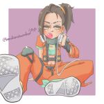  1girl apex_legends brown_eyes brown_hair chewing_gum dark-skinned_female dark_skin earrings eyebrow_cut facial_mark hand_on_headphones headphones headphones_around_neck jewelry jumpsuit lowres midriff_peek nose_piercing orange_jumpsuit piercing rampart_(apex_legends) shoe_soles side_ponytail simple_background sitting solo user_hmde3357 